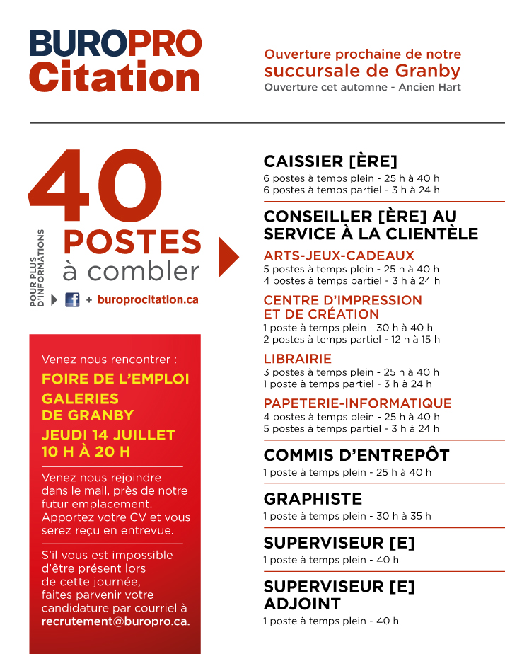 Evenement Foire D Emploi Aux Galeries De Granby 14 Juillet 16 Granby Buropro Citation Inc Jobillico Com