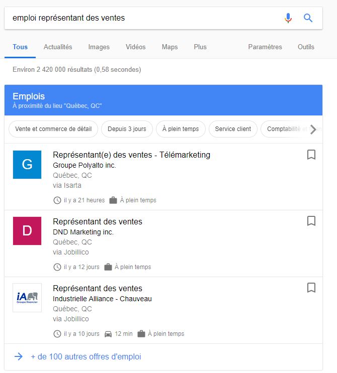 3 meilleurs resultats recherche d'emploi sur google