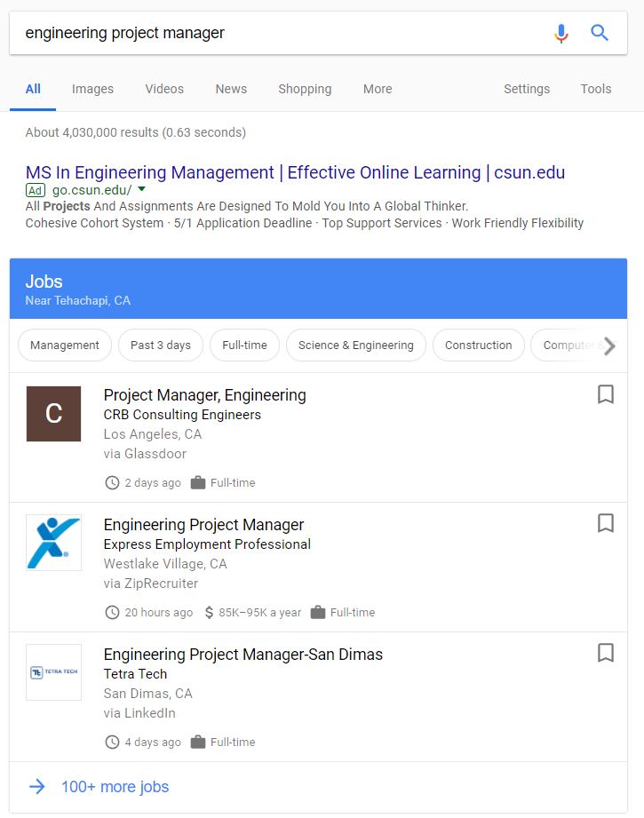 top 3 most relevant job listings in Google search - engineering project manager