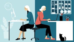 A split image of a person work from home and in the office.