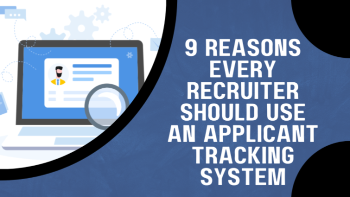 The words "9 Reasons Every Recruiter Should Use an Applicant Tracking System" on a blue background next to a business computer.