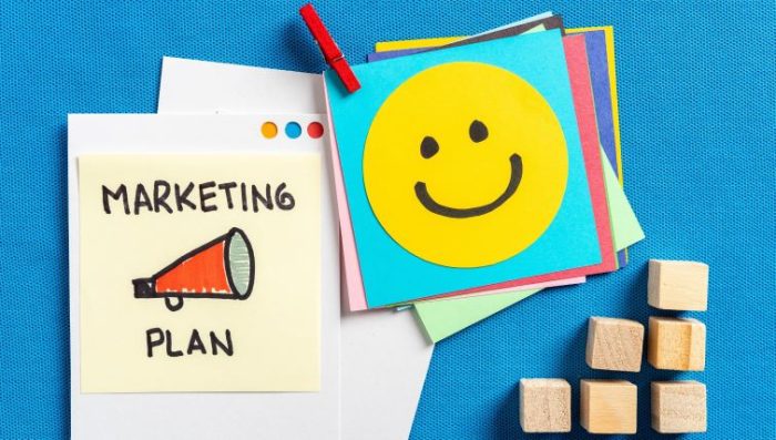 How To Develop a Social Media Plan for Your Small Business in 2023 - a series of post-it notes that detail a social media plan for a small business.