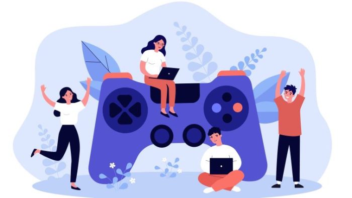 Gamifying The Job Hunt - a group of business people sitting on a giant video game controller while also typing on their laptops.