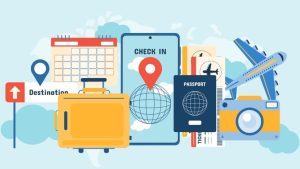 How Technology Can Help Reduce Corporate Travel Expenses - stylized images of an airplane, suitcase, passport, calendar and other travel icons.