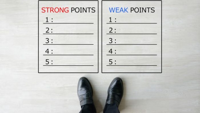 How to Write an Effective Employee Self Evaluation - a business person standing in front of two lists reading strengths and weaknesses.