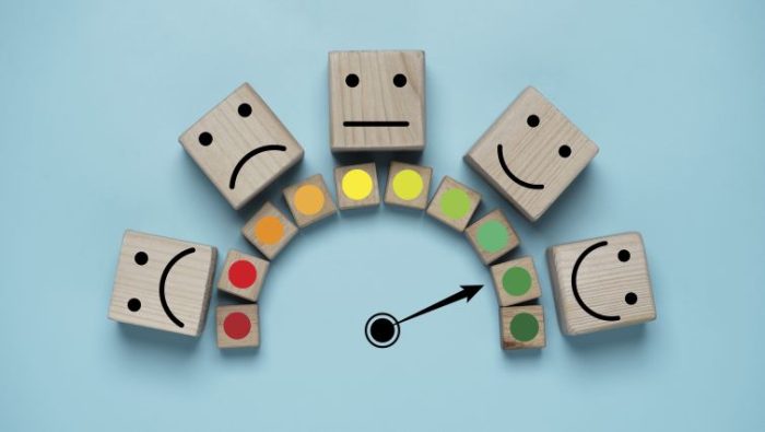 The Key to Excellent Customer Service - an arrow pointed toward a row of faces with different emotions, ending on a happy face.