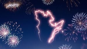2024 Statutory Holidays in Québec - fireworks fill the night sky and form the outline of the province of Quebec.