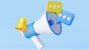 Leadership Communication Trends in 2024 - a 3d megaphone with texts and announcements emerging.