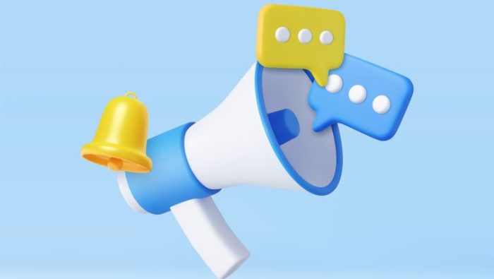 Leadership Communication Trends in 2024 - a 3d megaphone with texts and announcements emerging.
