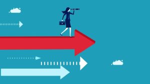 The Future of Work - Navigating Career Transitions in a Changing Landscape - a business person stands on a moving arrow with a telescope looking ahead to the future.