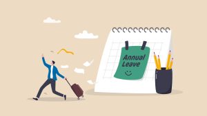 Inclusive Vacation Policies - a professional person walking away from a giant vacation calendar.