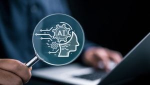 7 Ways that Artificial Intelligence is Transforming the Hiring Process - a magnifying glass with an AI icon in the middle.