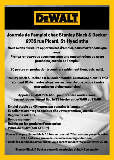 Journée de l'emploi chez Stanley Black & Decker, usine Saint-Hyacinthe